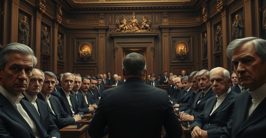 Sentymentalny obraz francuskich polityków w parlamencie, ukazujący kryzys moralny i brak duchowych wartości w rządzie