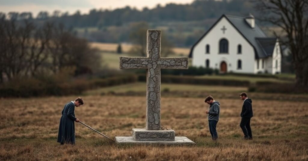 Zdjęcie przedstawiające wiejski krajobraz we Francji z nowo zbudowanym kamiennym krzyżem otoczonym wolontariuszami inicjatywy 'SOS Calvaires'. Scena jest oświetlona delikatnym światłem podkreślającym katolicką symbolikę tradycyjną. Wolontariusze pracują przy krzyżu lub modlą się obok niego. Na tle widoczna współczesna kościelna fasada symbolizująca duchową pustkę.