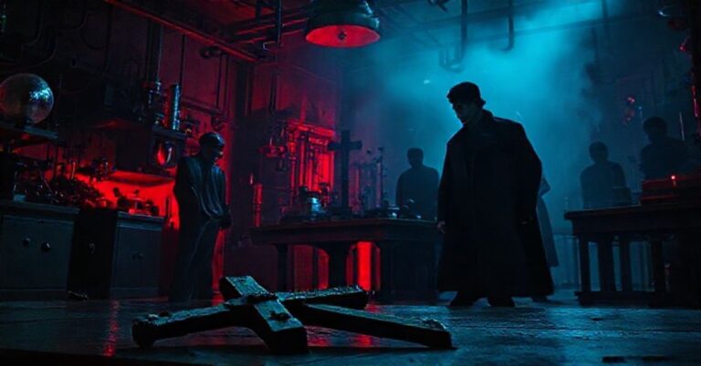 Grzesznikowski potwór z filmu Guillerma del Toro "Frankenstein" w laboratorium naukowym z elementami herezji i odrzuceniem Bożego porządku.