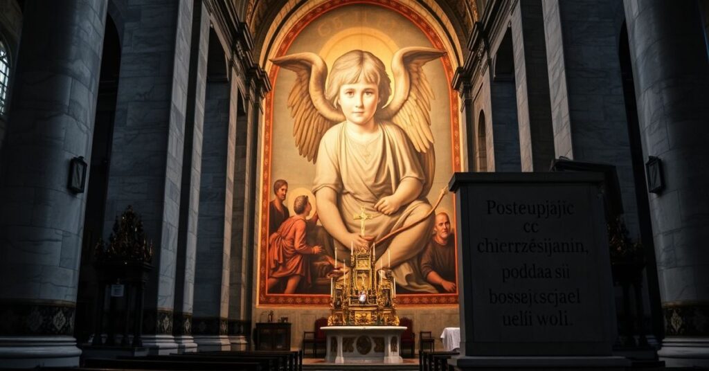 Wnętrze bazyliki św. Wawrzyńca w Lucynie z odrestaurowanym freskiem przedstawiającym anioła o podobieństwie do Giorgii Meloni