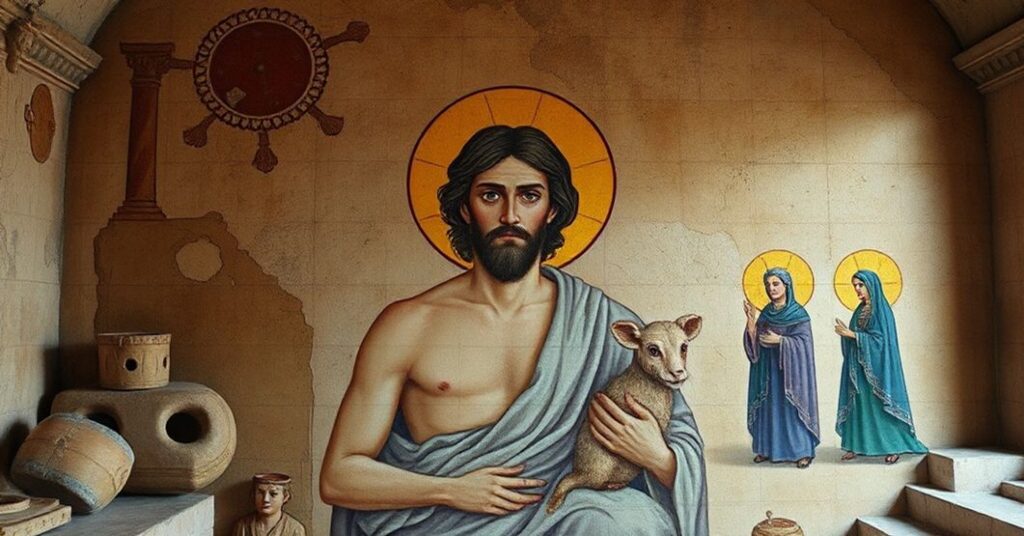 Realistyczny obraz III-wiecznego fresku Jezusa Dobrego Pasterza w Izniku, Turcja, z rzymskimi cechami. Fresh przedstawia młodego, bezbrodego Jezusa w togie rzymskiej otoczonego ruiny starożytne i wykopaliska. Scena jest poważny z miękkim naturalnym oświetleniem podkreślającym kontekst historyczny i sakralny. Na tle widoczne są postacie współczesne przedstawiające ekumenicznych przywódców i uczonych dyskutujących na temat fresku.