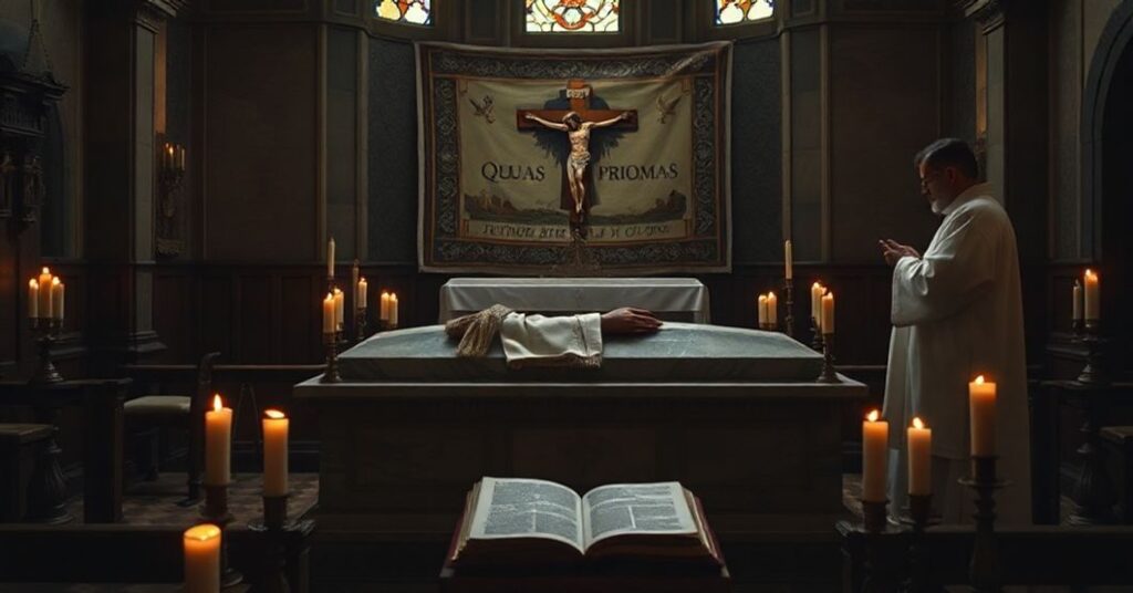 Sobór katolicki z marmurowym sarkofagiem Fryderyka Chopina przy ołtarzu z krzyżem drewnianym i księdzem udzielającym sakramentów.