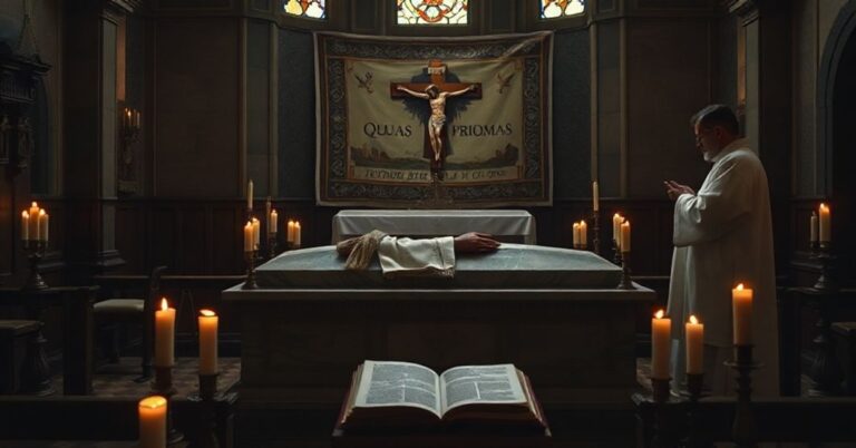 Sobór katolicki z marmurowym sarkofagiem Fryderyka Chopina przy ołtarzu z krzyżem drewnianym i księdzem udzielającym sakramentów.