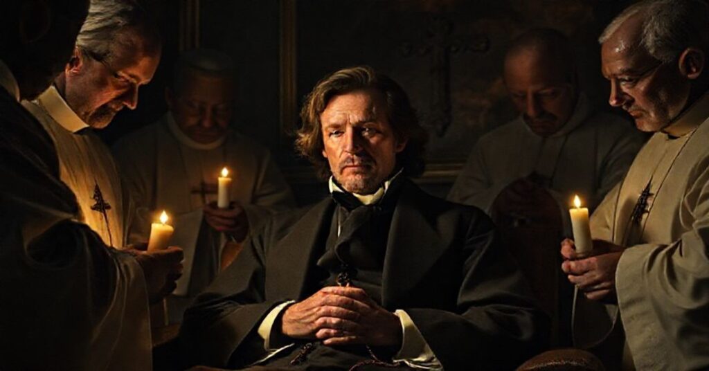 Portret Fryderyka Chopina w ostatnich chwilach życia otoczonego przez księży udzielających mu sakramentów św. w ciemnym pokoju w Paryżu 1849 roku