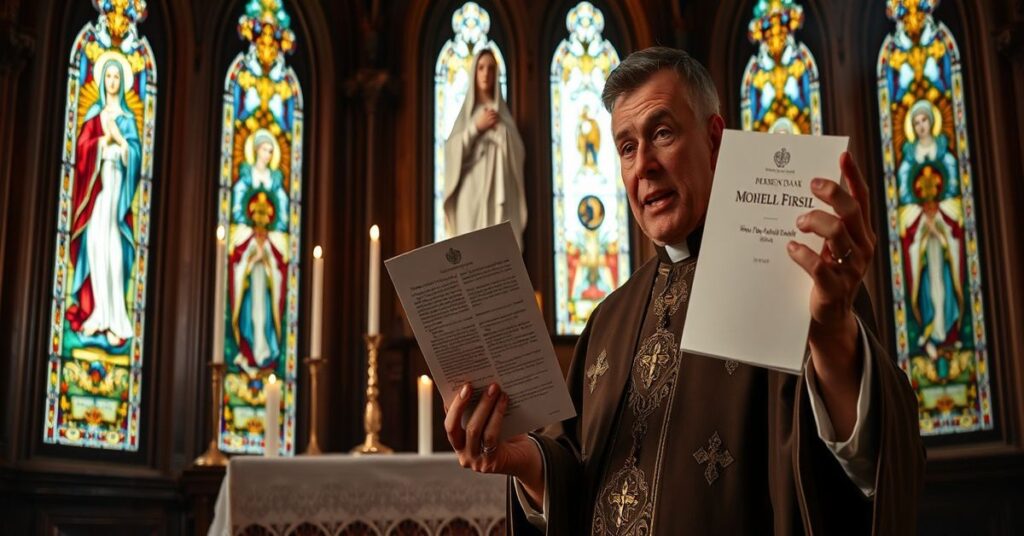 Priest FSSPX w kaplicy gotyckiej dyskutuje o dokumentie Watykanu *Mater Populi Fidelis*