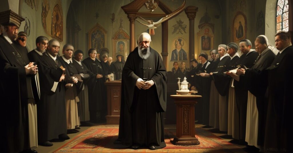 Uroczyście strojeni kapłani FSSPX dyskutują nad tekstem Kodeksu Prawa Kanonicznego z 1917 roku w ciemnej kaplicy