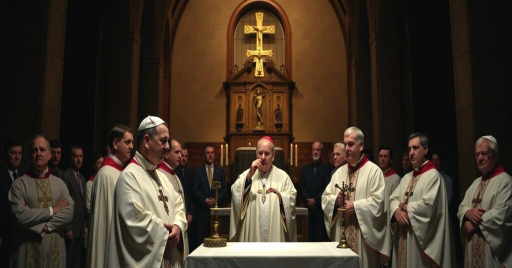 Ciemny wnętrze kościoła z tradycyjną architekturą katolicką, przedstawiające Davide Pagliaraniego i księży FSSPX w szatach liturgicznych przygotowujących się do nielegalnej konsekracji biskupiej. Scena ukazuje dramat schizmu i podziału w Kościele.