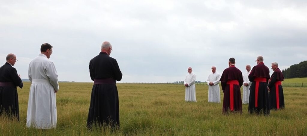Grupa członków Bractwa Kapłańskiego św. Piusa X (FSSPX) w tradycyjnych szatach liturgicznych podczas nielegalnych konsekracji biskupich w Écône w 2026 roku.