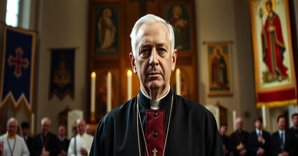 Wizerunek Arcybiskupa Fultona Sheena przed ołtarzem w tradycyjnym ornaty katolickim, symbolizujący kontrowersje wokół jego beatyfikacji.