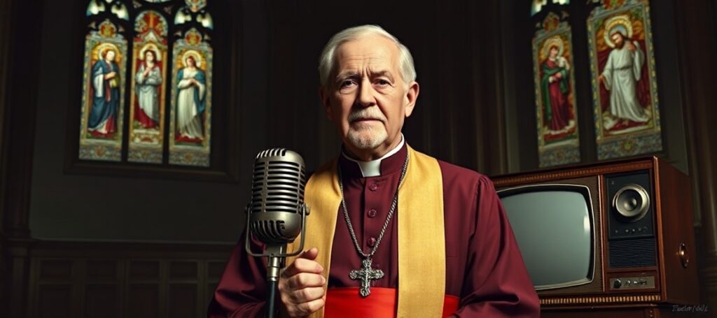 Portret arcybiskupa Fultona Sheena w tradycyjnym stroju kościelnym przed mikrofonem radiowym i starym telewizorem. Tło przedstawia kościół z witrażami Chrystusa Króla.