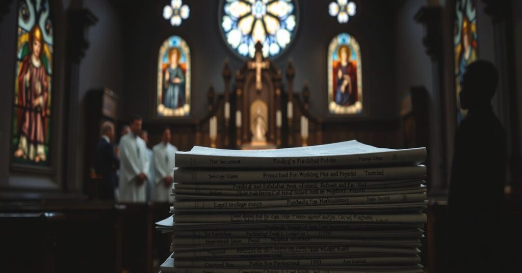 Wnętrze kościoła katolickiego z oświetlonym ołtarzem i grupą duchownych w nowoczesnych ornatach. Na pierwszym planie widać dokumenty Fundacji św. Józefa. Okna witrażowe przedstawiają świętych. Scena symbolizuje konflikt między tradycją a nowoczesną biurokracją w Kościele.