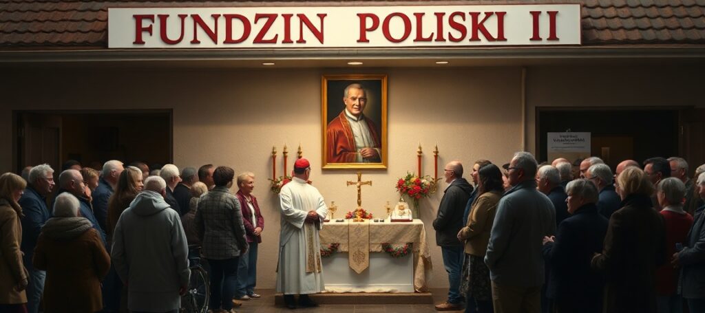 Grupa osób podczas uroczystości jubileuszowych Fundacji Rodzin Polskich im. św. Jana Pawła II w Świętochłowicach, przed ośrodkiem społeczno-charytatywnym z widoczną nazwą fundacji i portretem Karola Wojtyły na tle.