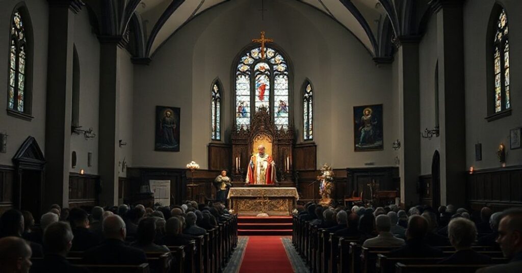 Wnętrze dawnej świątyni protestanckiej w Gądkowicach używanej do heretyckich kultów. Modernistyczny biskup w ornacie wygłasza kazanie przed zgromadzeniem wiernych.