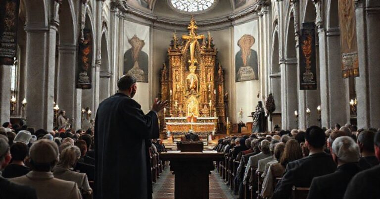 Wnętrze warszawskiej archikatedry podczas fałszywej mszy Novus Ordo z rzekomym arcybiskupem Adrianem Galbasem głoszącym herezję o zredukowanym znaczeniu Wcielenia Chrystusa