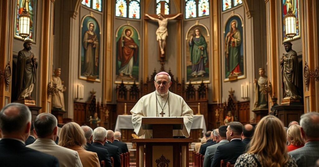 Archbishop Georg Gänswein w kościele w Wilnie mówi o modlitwie do Benedykta XVI