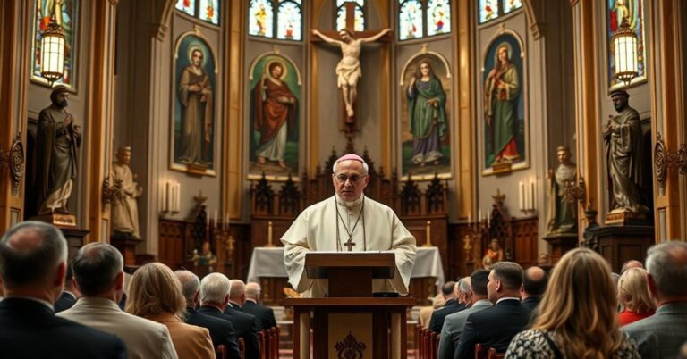 Archbishop Georg Gänswein w kościele w Wilnie mówi o modlitwie do Benedykta XVI