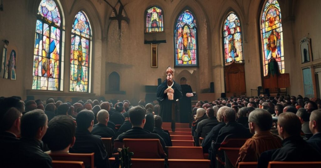 Scena z wykładu Garnetta Genuisa na Uniwersytecie York w Toronto. Wykład poświęcony jest problemom społecznym z katolickiego punktu widzenia.