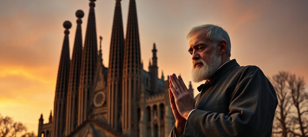 Portret Antoniego Gaudiego przed nieukończoną Sagrada Família w Barcelonie
