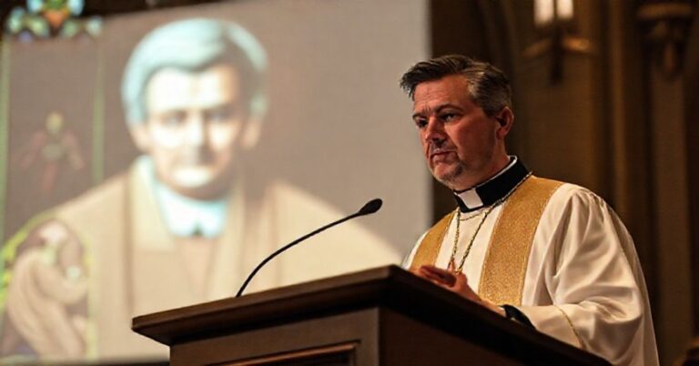 Ojciec katolicki w tradycyjnych szatach kaznodziejskich głosi kazań o zagrożeniach wynikających z polityki Gavina Newsoma dotyczącej transpłciowości