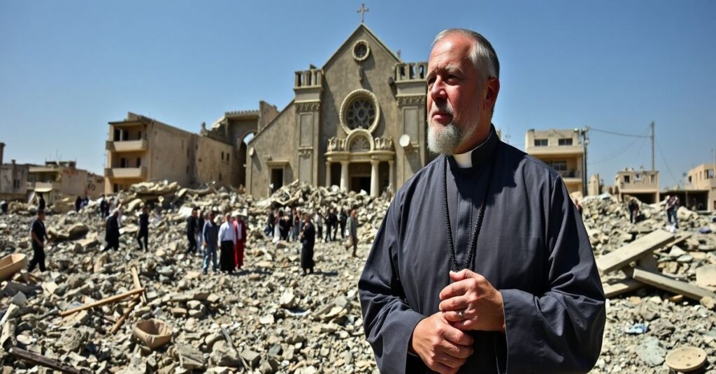 Ks. Gabriel Romanelli stoi w ruinach Gazy, otoczony niszczącymi budynkami i cierpiącymi cywilami bez podstawowych dóbr. Trzyma różaniec, symbolizując wiarę w obliczu rozpaczy.