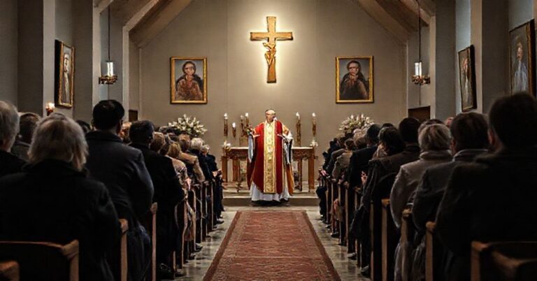 Zdjęcie przedstawiające kontrowersyjne wydarzenie w pseudosanktuarium Bożego Miłosierdzia w Gdańsku-Strzyży. Biskup Wiesław Szlachetka przewodniczy fałszywemu kultowi zamiast prawdziwym sakramentom.