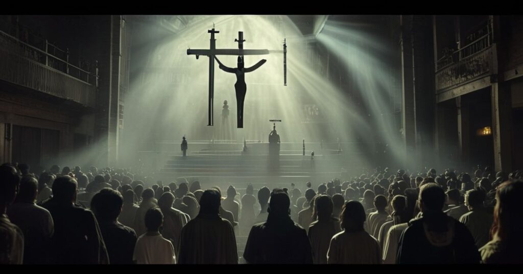 Mroczny widok koncertu w Auli Jana Pawła II w Gdańsku z Antoniną Krzysztof i zespołem.