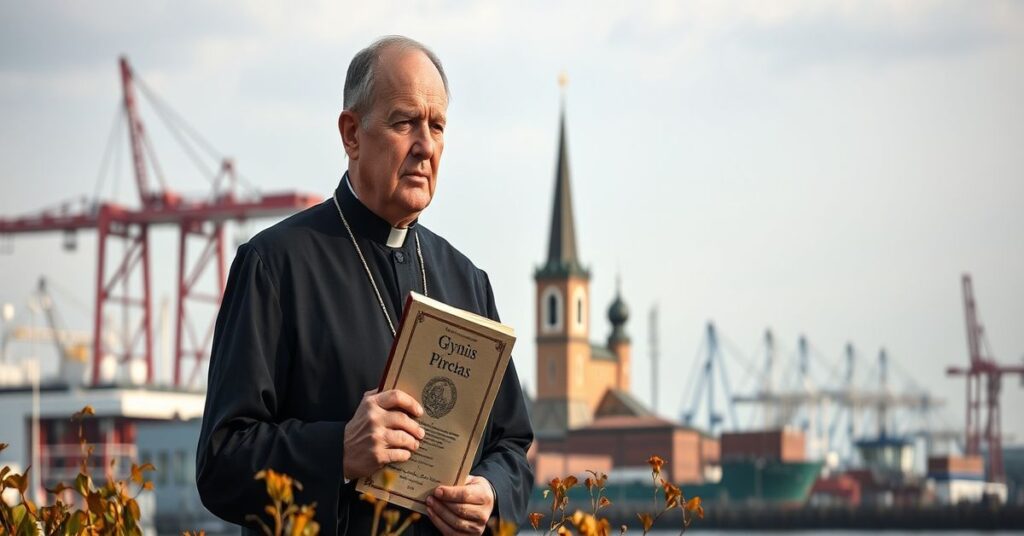 Ksiądz w tradycyjnym habitie stoi przed portem w Gdyni, trzymając encyklikę Piusa XI 'Quas primas', z tłem historycznego Gdańska.