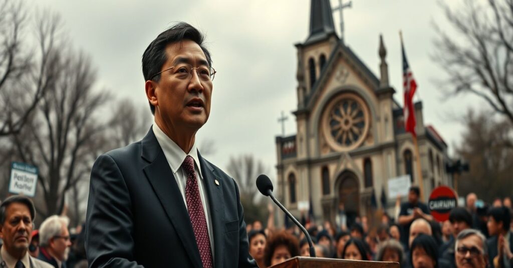 Gene Wu w bezpokojącej scenie politycznej z tłem kościoła katolickiego symbolizującego upadek chrześcijaństwa