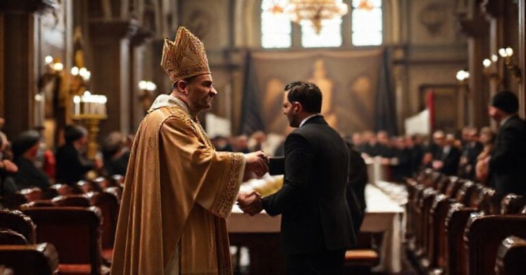 Scena katolicka przedstawiająca negocjacje pokojowe w Genewie między Andrijem Jermakiem a Marco Rubiem. Wnętrze kościoła z liturgycznymi elementami, kapłan w pełnych ornatach celebrujący Święto Chrystusa Króla, na tle rozmytej konferencji w Genewie.