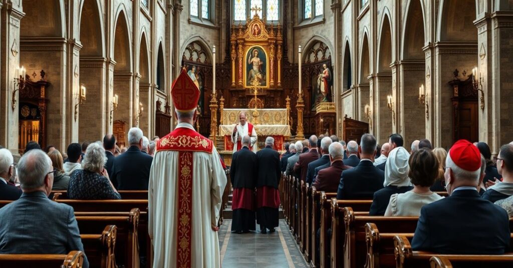 Obraz przedstawiający msze w kościele św. Mikołaja z Flüe w Genewie, z udziałem "kardynała" Pierbattisty Pizzaballi i "abpa" Ettorego Balestrera. Scena ilustruje synkretyzm i modernistyczną pseudoreligię zastępującą Królestwo Chrystusa.
