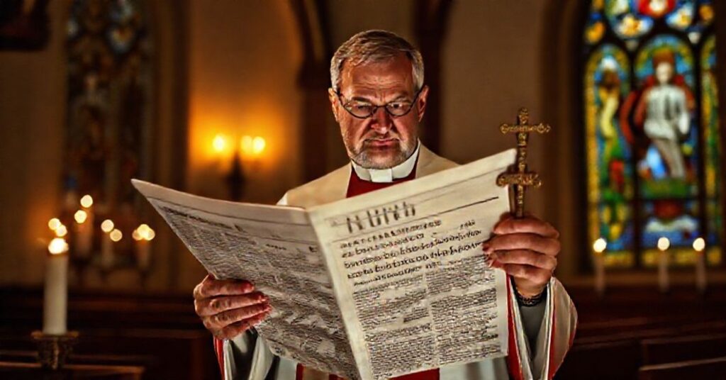 Prawdopodobnie katolicka kaplica z księdzem w tradycyjnych szatach liturgicznych trzymającym krzyż i patrzącym na gazetę z nagłówkiem o politycznych manewrach i apostazji