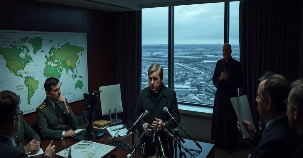 Włodzimierz Zełenski podczas konferencji prasowej na tle map strategicznych i zniszczonych krajobrazów wojennych. W tle stoi milczący ksiądz trzymający różaniec, symbolizujący brak wymiaru moralnego w dyskusji.