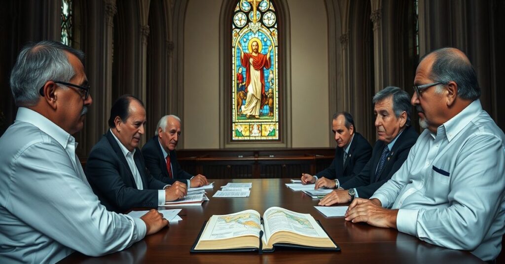 Wnętrze katedralne z witrażem przedstawiającym Chrystusa Króla; na pierwszym planie mężczyźni dyskutujący przy mapach Iranu i dokumentach militarnych.