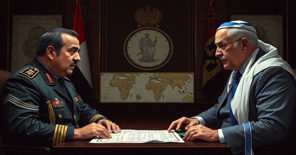 Scena napięcia geopolitycznego na Rogu Afryki z egipskim generałem Samirem Ragheblem i izraelskim urzędnikiem w rozmowie nad mapami strategicznych rejonów