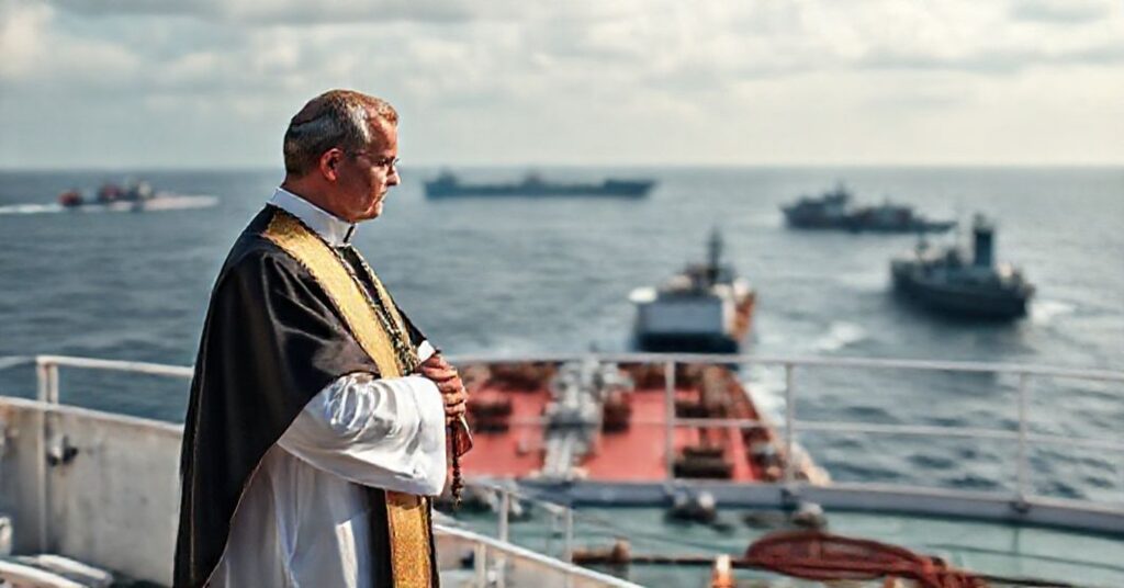 Katylicki ksiądz w tradycyjnych szatach modlący się na pokładzie zatrzymanego tankowca wenezuelskiego z widokiem na amerykańskie i chińskie okręty wojenne w tle