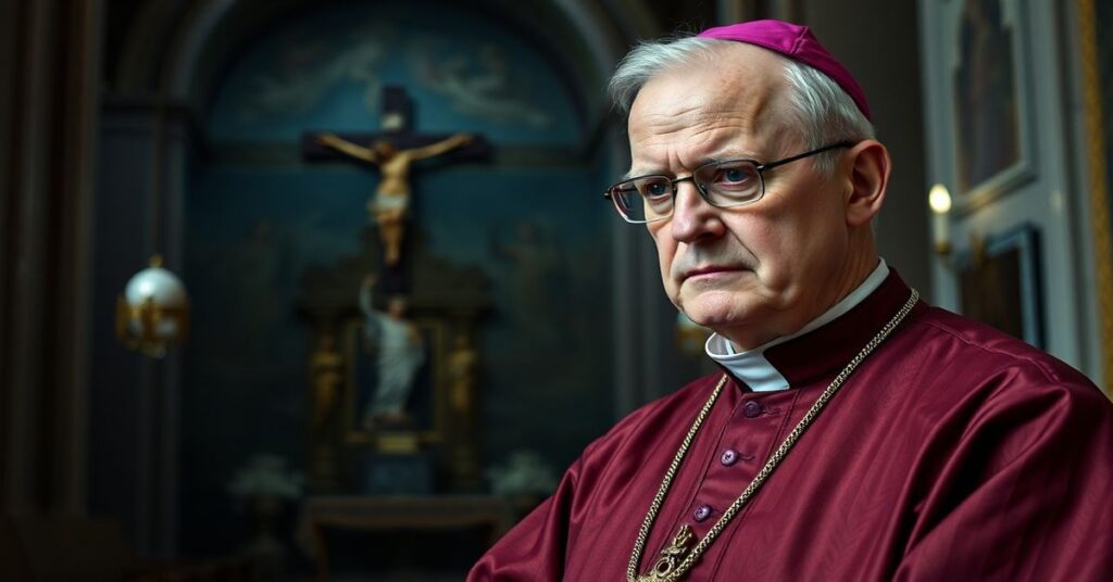 Portret Georga Gänsweina w tradycyjnych habitach katolickich duchownych, stojącego w Watykanie z września wyrazem na twarzy.