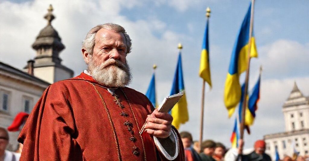 Mężczyzna stojący przed zniszczonym miastem z krzyżem i dokumentem.