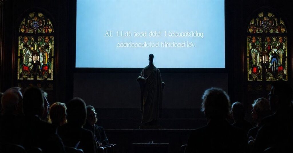 Ciemne wnętrze sali na Uniwersytecie Georgetown z tradycyjnymi witrażami, na której odbywa się dyskusja dotycząca sztucznej inteligencji i fałszywego nauczania anty-papieża Leona XIV, symbolizująca apostazję i zaniedbanie prawdziwego nauczania katolickiego