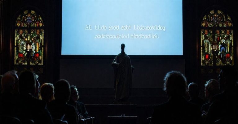 Ciemne wnętrze sali na Uniwersytecie Georgetown z tradycyjnymi witrażami, na której odbywa się dyskusja dotycząca sztucznej inteligencji i fałszywego nauczania anty-papieża Leona XIV, symbolizująca apostazję i zaniedbanie prawdziwego nauczania katolickiego