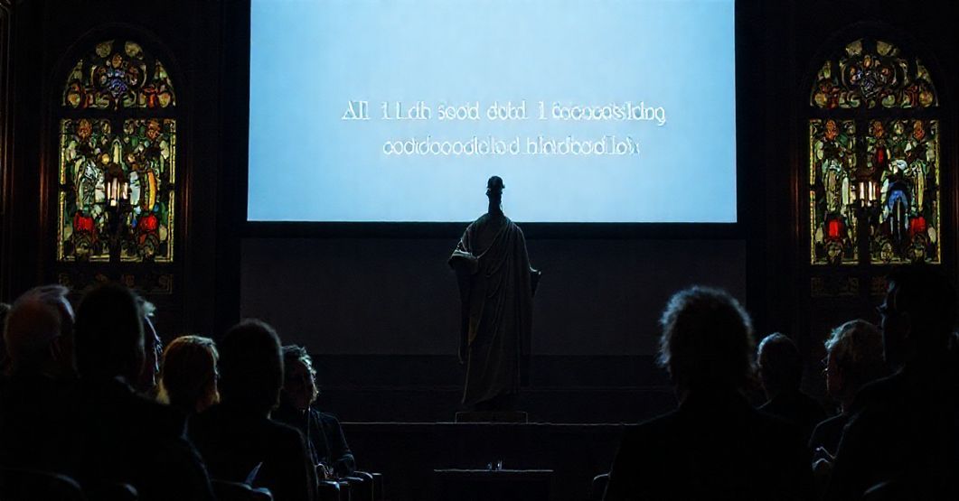 Ciemne wnętrze sali na Uniwersytecie Georgetown z tradycyjnymi witrażami, na której odbywa się dyskusja dotycząca sztucznej inteligencji i fałszywego nauczania anty-papieża Leona XIV, symbolizująca apostazję i zaniedbanie prawdziwego nauczania katolickiego