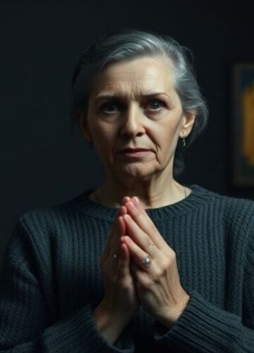 Gertruda Detzel - Martyrium czy Modernistyczna Farsa? Pojety wnikliwie portret Gertrudy Detzel w sowieckim więzieniu; skromna szara sukienka i modlitewny gest w ciemnym pomieszczeniu z ikonami.