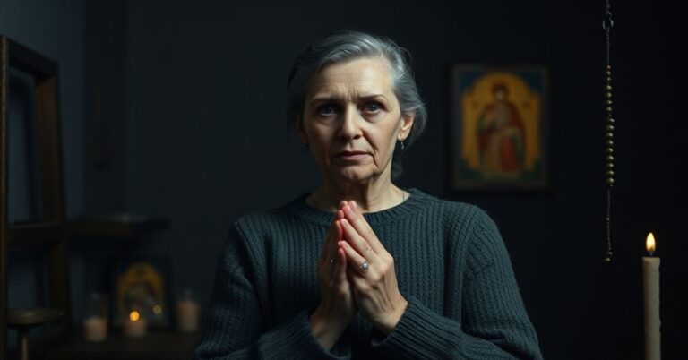 Pojety wnikliwie portret Gertrudy Detzel w sowieckim więzieniu; skromna szara sukienka i modlitewny gest w ciemnym pomieszczeniu z ikonami.