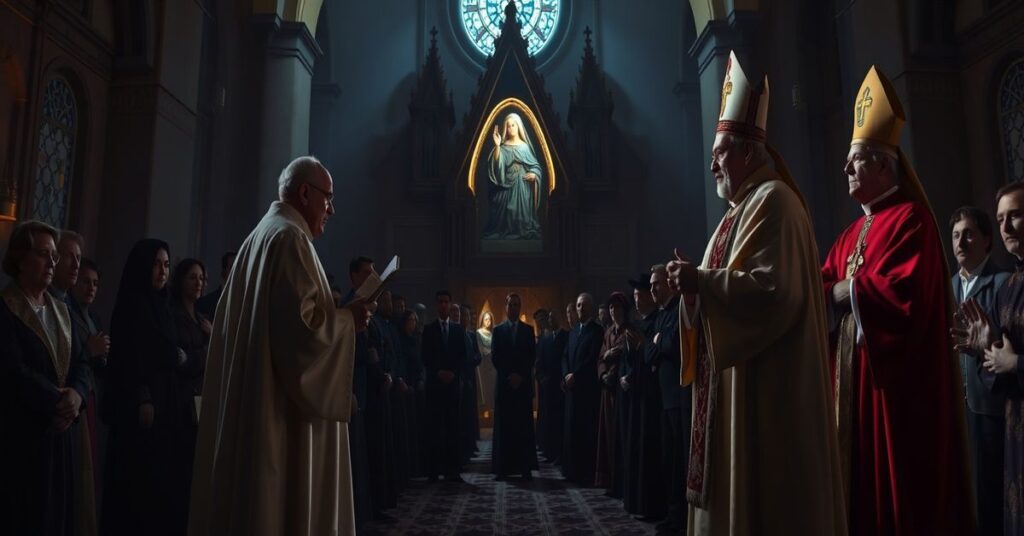 Solemne zdjęcie przed Kościołem w Gietrzwałdzie pokazujące tradycyjnego kapłana z encykliką Pawła IV wobec fałszywego procesu kanonizacyjnego. Tło: ciemne symbole herezji