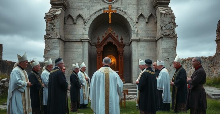 Zdjęcie realistycznej sceny katolickiej z tradycyjnymi duchownymi i wiernymi w Gębicach, podkreślające krytykę nowoczesnych praktyk i szacunek dla sakramentów i tradycji kościelnej.