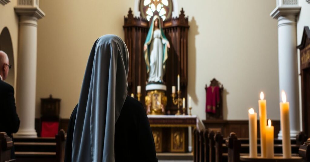 Obrázek przedstawiający kościół w Gietrzwałdzie z siostrą Stanisławą Barbarą Samulowską w modlitwie przed figurą Matki Bożej