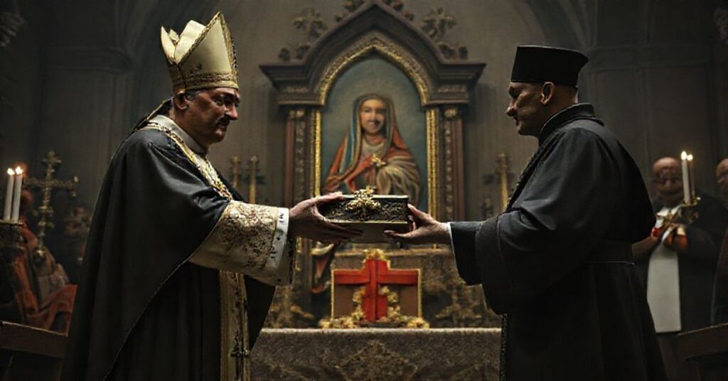 Biskup w tradycyjnych szatach przejmuje relikwiarz od uzurpatora na Stolicy Piotrowej przed wizerunkiem Matki Bożej z Gietrzwałdu, symbolizując zdradę Kościoła.