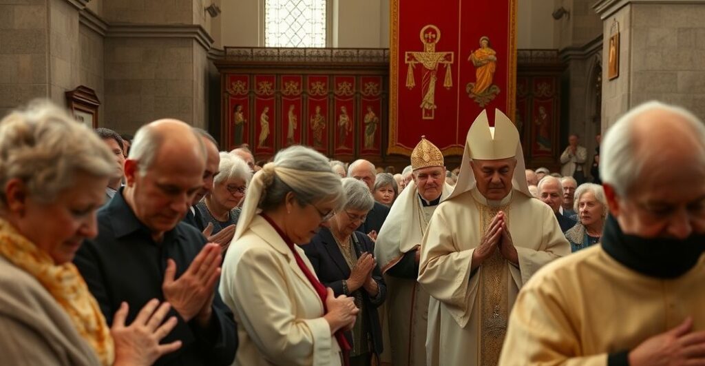 Realistyczne zdjęcie katolickiego pielgrzymowania w Gietrzwałdzie z wiernymi modlącymi się w skupieniu i duchowym skupieniu