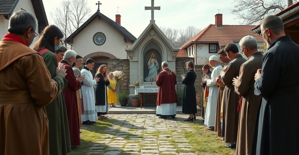 Realistyczny obraz tradycyjnego katolickiego zgromadzenia w Gietrzwałdzie, wierni modlą się przed figurą Matki Bożej, ukazując głęboką pobożność i tradycyjną liturgię.