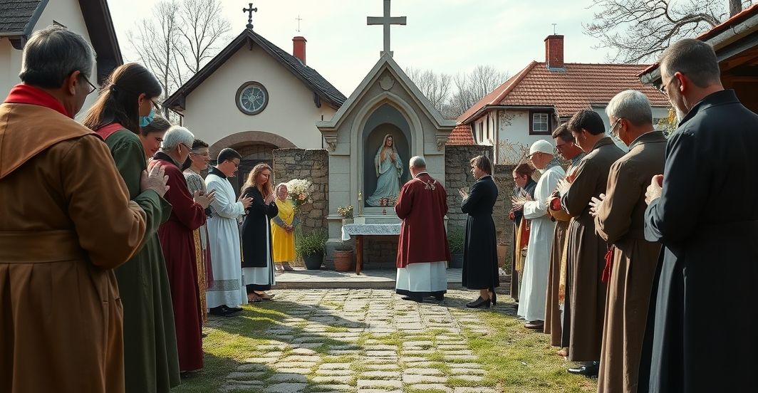 Realistyczny obraz tradycyjnego katolickiego zgromadzenia w Gietrzwałdzie, wierni modlą się przed figurą Matki Bożej, ukazując głęboką pobożność i tradycyjną liturgię.