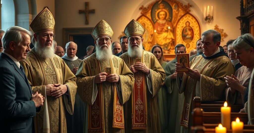 Rekwizyt katolicki w Gietrzwałdzie, starszy duchowny w vestmentach trzyma relikwie, scena pełna powagi i kontemplacji, ukazująca kryzys i kontrowersje w Kościele